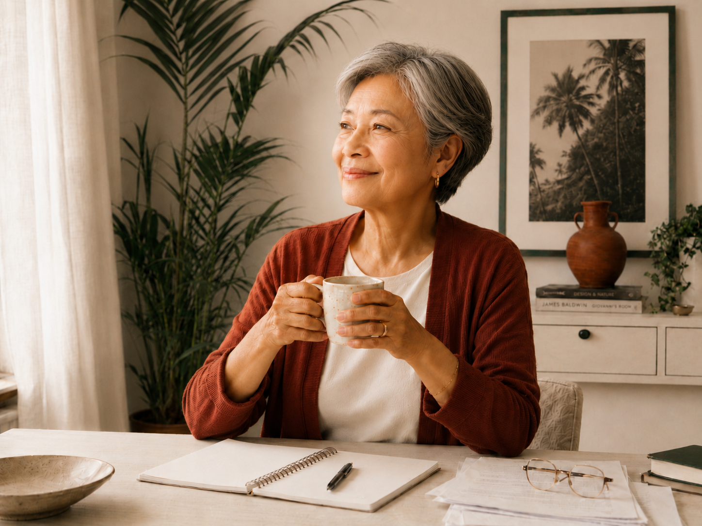A woman pausing with a cup of tea at a sunlit table, papers and a notebook in front of her